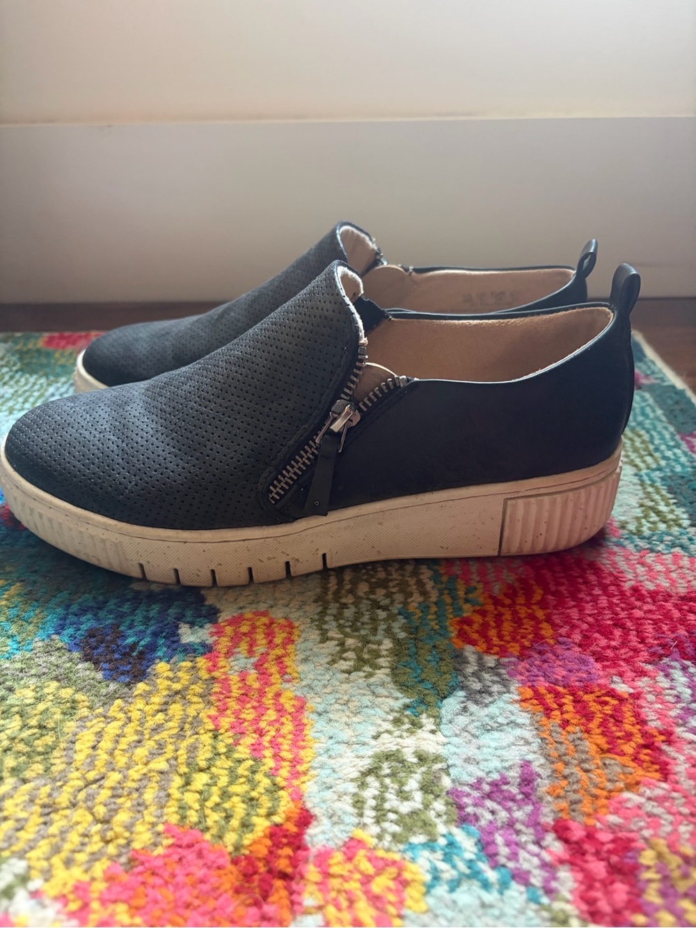 SOUL Naturalizer Black Perforated Slip-On Sneakers with White Platform Sole